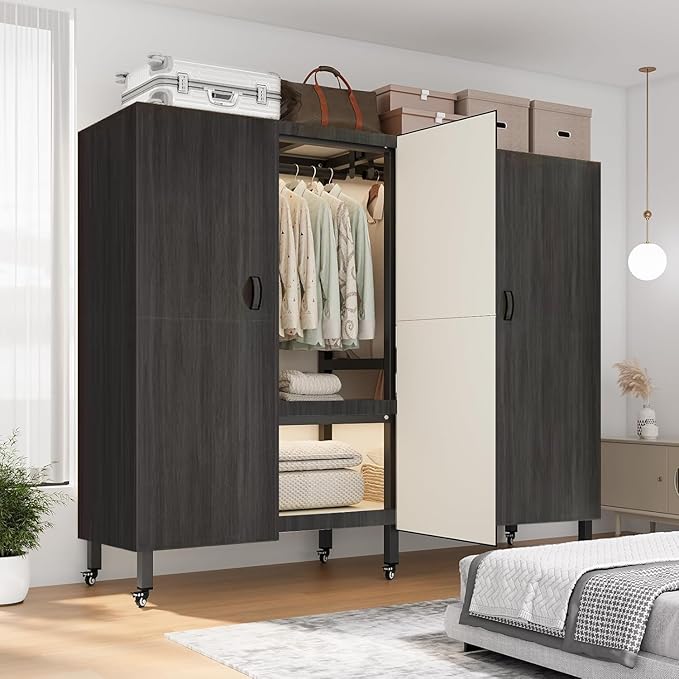 Heavy Duty Covered Clothes Rack with Magnetic Door Foldable Portable Wardrobe Closet for Hanging Clothing Rolling Black Metal
