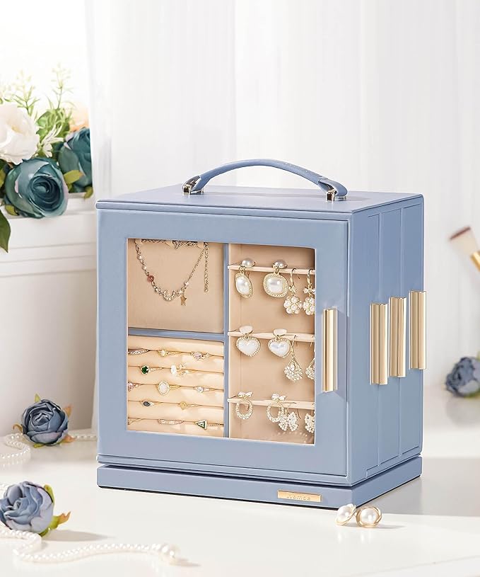 Homde Jewelry Box 360° Rotating, Necklace Earring Organizer with Transparent Window, Mirror, 7 Drawers, Large Ring Display St