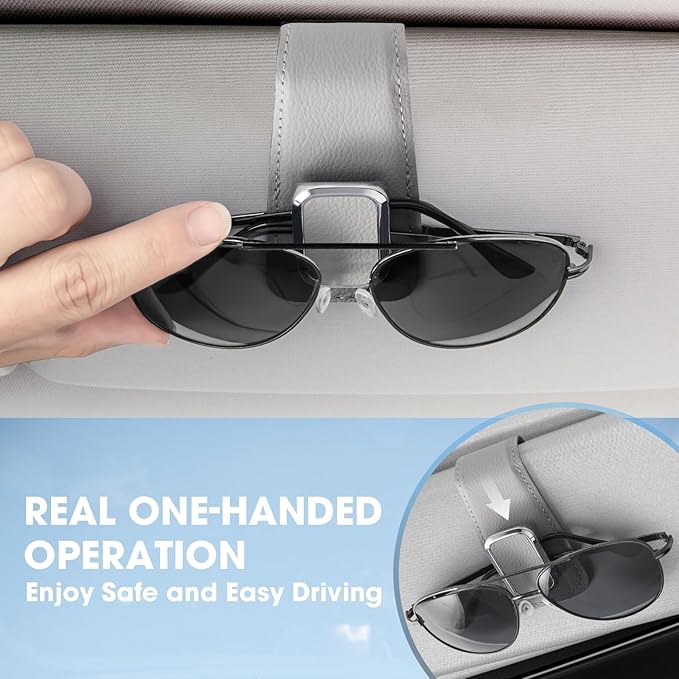 Sunglasses Holder for Car, One-Handed-Operation Leather Sunglasses Clip for Car Sun Visor, 2Pack Sturdy Eyeglasses Holder and Ticket Card Clip, Auto Interior Car Visor Accessories (Gray)