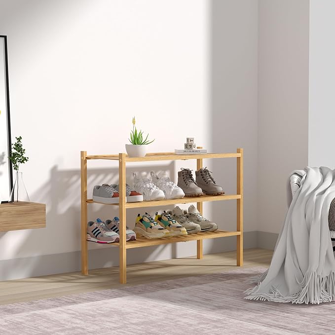 ROMGUAR CRAFT 3 Tier Bamboo Shoe Rack for Closet Free Standing Wood Shoe Shelf Storage Organizer for Entryway Small Space Sta