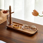 Solid Acacia Wood Key Tray and Bowl for Entryway Table - Jewelry Tray With 3 Hooks, Open Storage for Wallet, Glasses, Watches