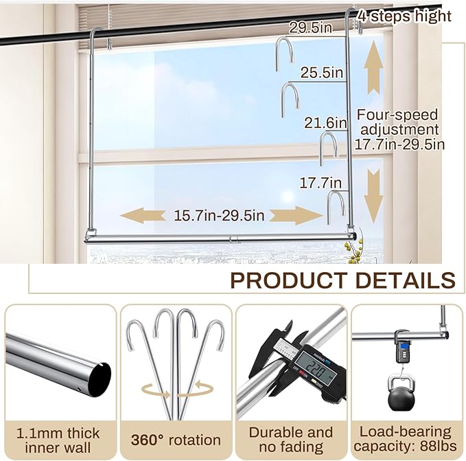 2 Pack Closet Rod Extender Adjustable 16-29 Inches, Double Hanging Organizer Extension for Clothes, Hook-on Storage Bar Adds 