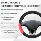 Leather Patchwork Black Red Steering Wheel Cover, 14.5-15 Inch Non-Slip Breathable Microfiber Car Steering Wheel Protector