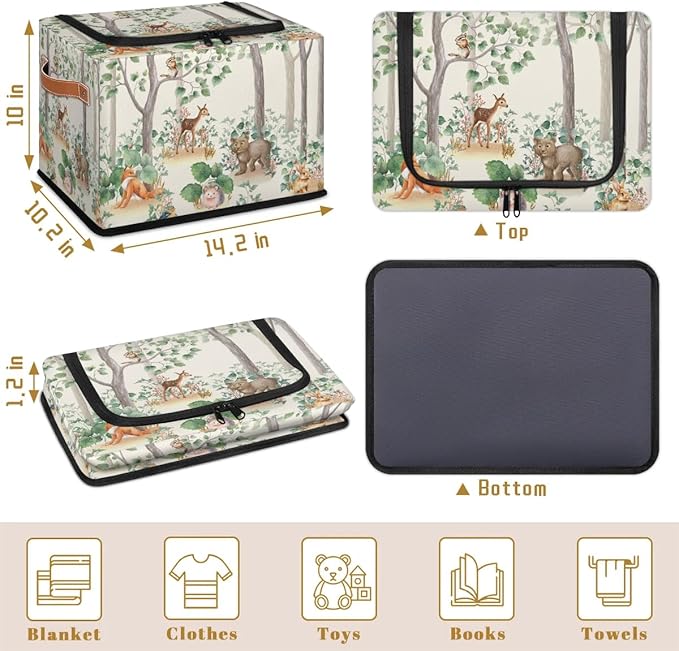 Woodland Wildlife Storage Basket - Cute Animals Party Bin Collapsible Organizer with Zipper Lid, Kid Rectangular Decorative B