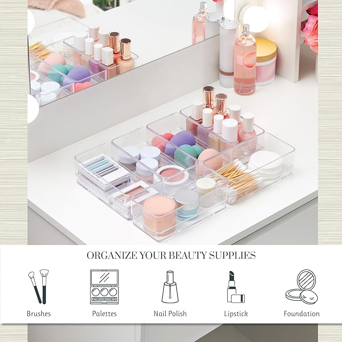 STORi SimpleSort 6-Piece Stackable Clear Drawer Organizer Set | 6" x 3" x 2" Rectangle Trays | Small Makeup Vanity Storage Bi