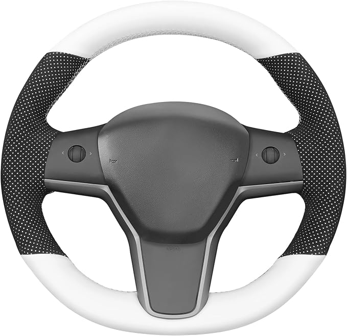 MEWANT Hand Stitched White Leather Tesla Model 3 Steering Wheel Cover for Tesla Model 3 2017-2023 / Model Y 2020-2023 for Tesla Model 3/Y Accessories