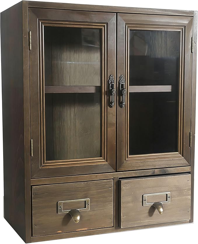 Rosetta Mini Countertop Country Vintage Locker, Wall-Mounted Wood Display with Organic Glass Door, Food Storage, 2 Bottom Dra