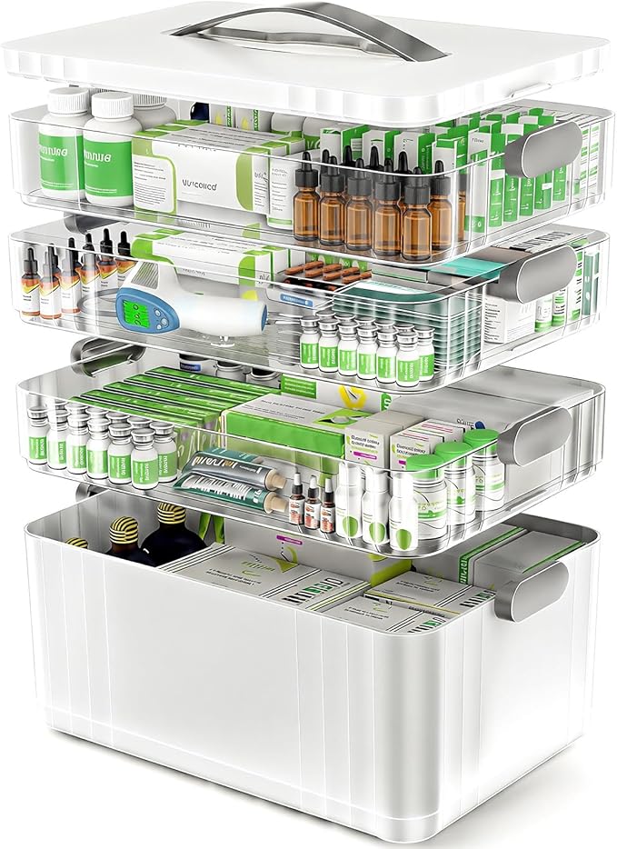 ARSTPEOE 4-Tier Medicine Organizer - Portable Medicine Cabinet with Plastic Handle, Multipurpose Medical Box, Empty First Aid
