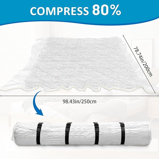 Mattress Vacuum Bag for Queen and Full Size, 78.7x98.4in Space Saver Mattress Vacuum Seal Bag with 4 Straps Dual-Zip Seal Mat