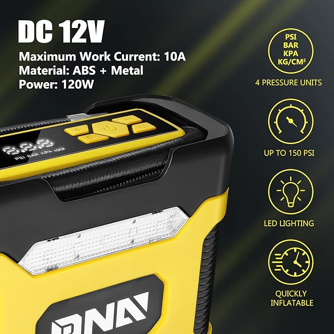‎DNA MOTORING TOOLS-00211 Yellow 12V DC Digital Tire Inflator Portable Air Compressor with Pressure Gauge for Cars, Bicycles, Motorcycles,Balls