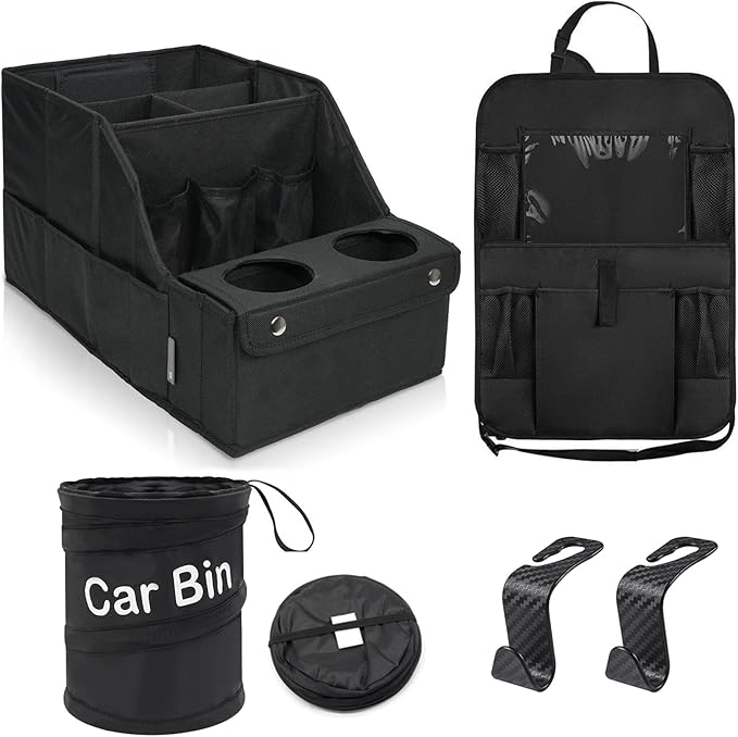 Car Organizer and Storage 5-in-1 Set with Front Seat Organizer, Backseat Organizer, Car Trash Can & 2 Headrest Hooks, Universal Car Storage Accessories for SUV Truck & Sedan Vehicle