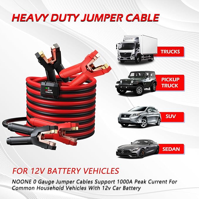 NOONE 0 Gauge 25FT Heavy Duty Jumper Cables for Car Battery, 1000A Automotive Booster Cables with Reverse Polarity Protection for SUVs & Trucks, Includes Bag, Gloves, Brush & Goggles