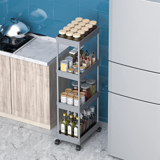 Sooyee 4 Tier Wide Storage Cart Mobile Shelving Unit Organizer Slide Out Storage Rolling Utility Cart Tower Rack for Kitchen 