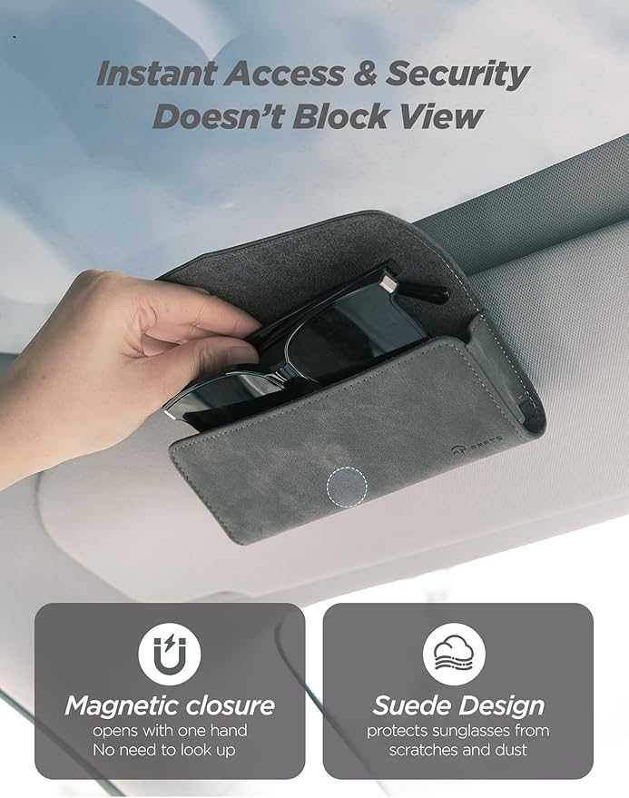 TPARTS Suede Sunglasses Holder for Tesla Sun Visor, Magnetic Glasses Protective Storage Case Vehicle Visor Organizer Box Tesla Interior Accessories (Gray Micro-suede)