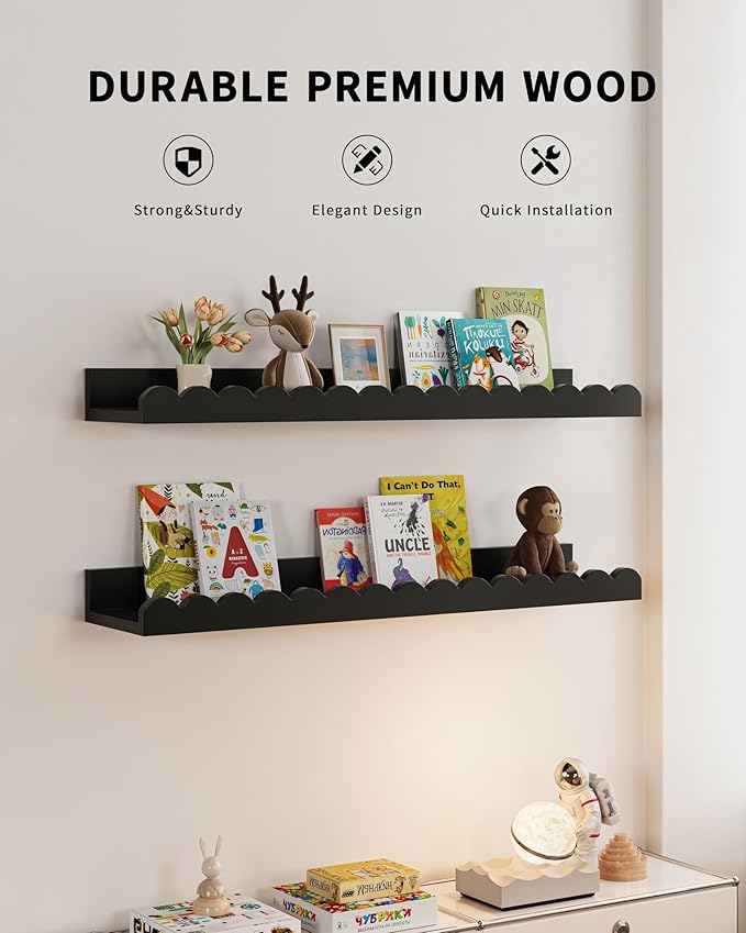 Shario Nursery Book Shelves, 4-Pack Wood Floating Shelves for Wall Kids, Scalloped Shelves, Wall Book Shelves for Bedroom Kid