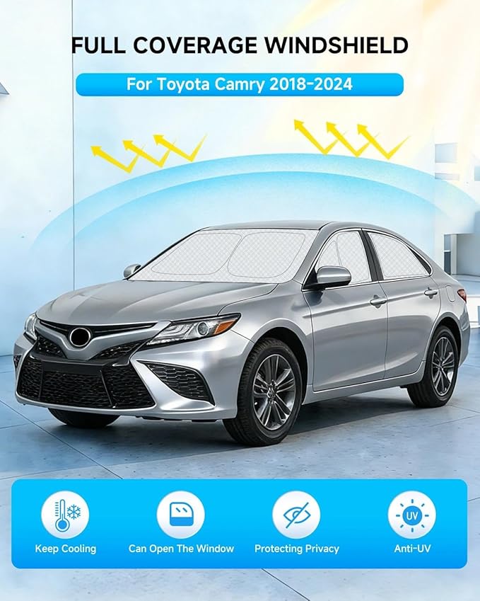 6pcs Thicken Full Car Window Shades for Toyota Camry 2018-2024，Accessories, Reflective Windshield Sunshade Window Covers for Side Rear,UV Block and Blackout Privacy for Camping
