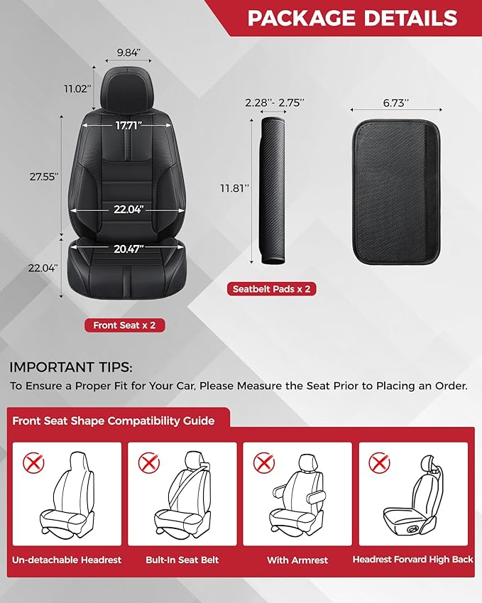 FREESOO Black Front Car Seat Covers - Faux Nappa Leather Seat Covers for Cars, with Carbon Fiber Texture Seatbelt Pads, Water