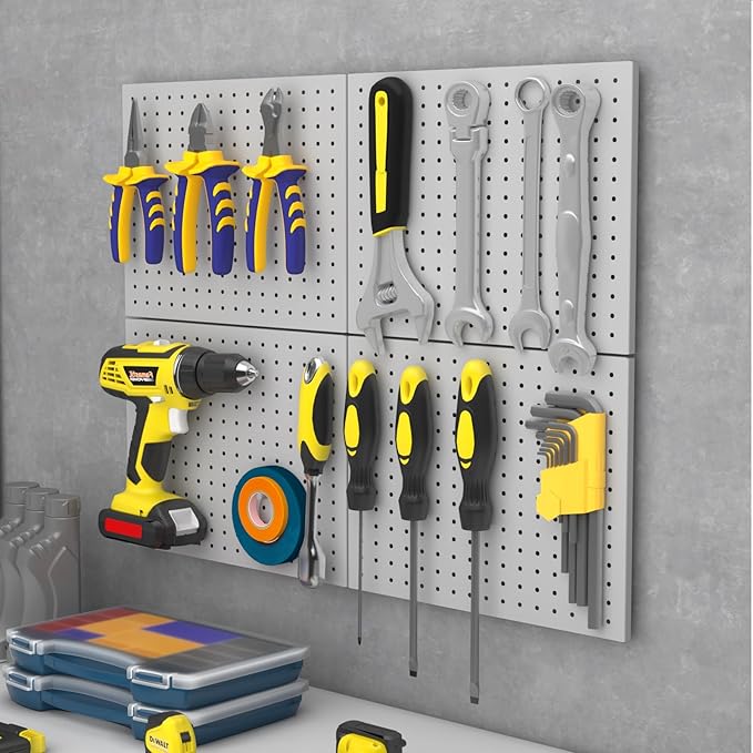 Peg Board,4 Pack Metal Pegboard Panels with 8 hooks,PegBoard Wall Organizer,16"x12" Steel PegBoard for Walls,Tools,Garage,Off