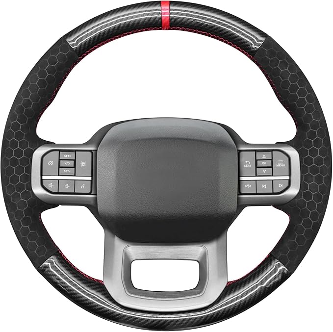 MEWANT DIY PU Carbon Fiber Hexagon Embossed Athsuede Steering Wheel Cover for Ford F150 Lightning F350 2024 Expedition