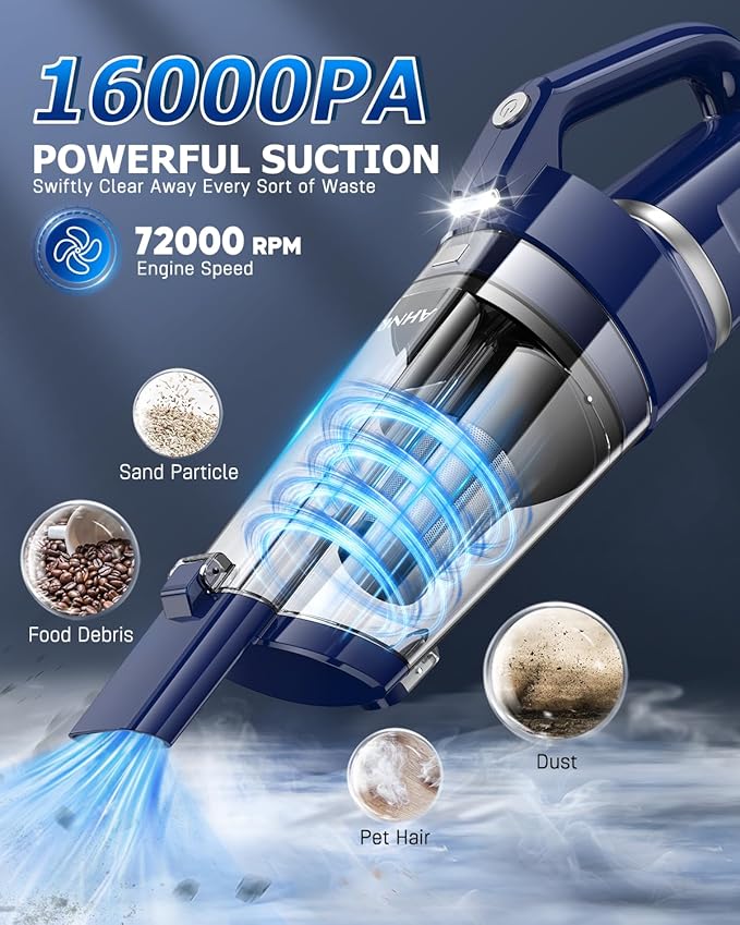 AHNR Handheld Vacuum Cordless, 16000PA Powerful Suction Hand Held Vacuum Dust Busters Cordless Rechargeable with LED Light & 