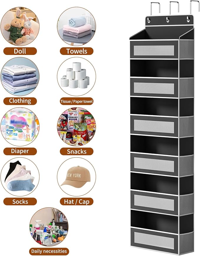 Over The Door Organizer with 6 Large Pockets, Over the Door Storage 12 Side Pockets, Hanging Door Organzier 44 lb Load Behind