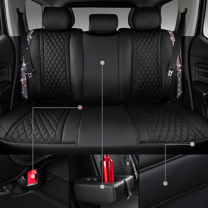 CAR PASS Iridescent Diamond &NAPPA Calfskin Leather Cushioned,Bling Seat Covers,Waterproof Heavy-Duty Anti-Slip,Universal Fit