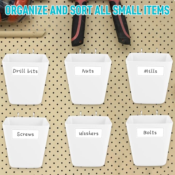 G.CORE Large Pegboard Cups Peg Board Storage Bin 6 Pack with Hooks, Square Box Shape Pegboard Cup Holder Accessories for Gara
