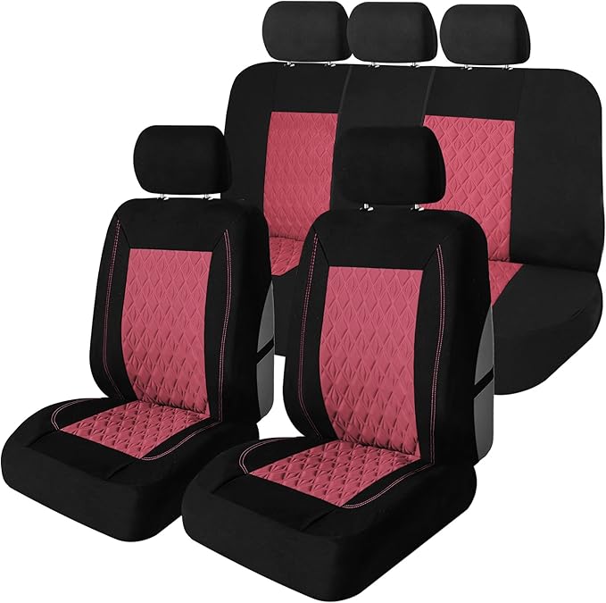 Universal Fit Diamond Stitched Flat Cloth Car Seat Covers Full Set - Burgundy
