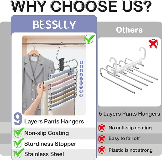 Upgrade 9 Layers Pants Hangers Space Saving, 2 Pack Non Slip Stainless Steel Multifunctional Pants Rack Closet Pant Hanger Or
