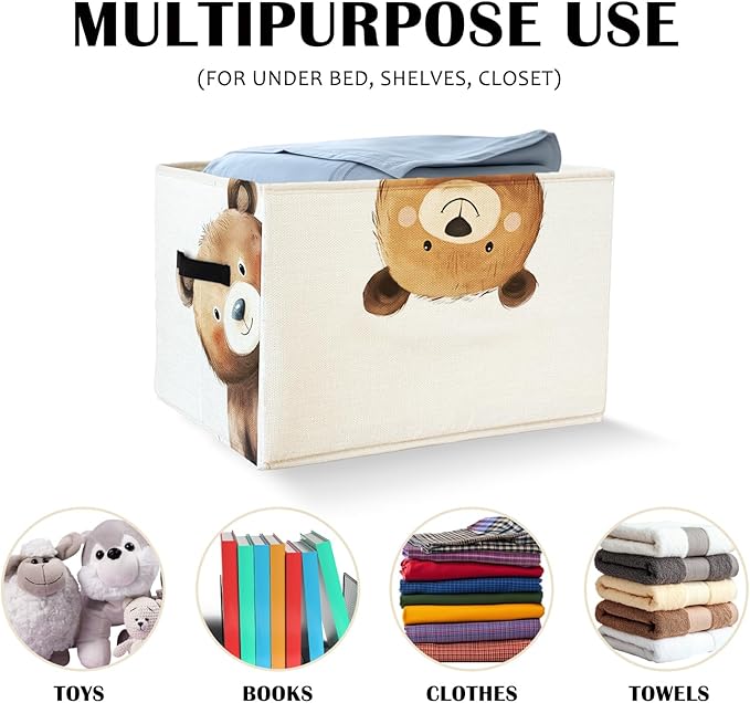 Rectangular Bear Basket Cute Animal Woodland Storage Basket Organizer Bins With Handles,Toy Baskets Storage Kids,Bear Laundry