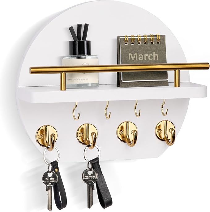 Nekon Key Holder for Wall - 9.8 Inch Apartment Wall Decor with Shelf and 8 Key Hooks, Circular Wood Key Hanger for Home Decor