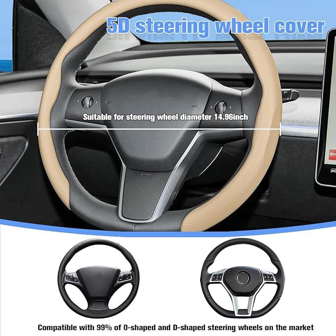 Car Nappa Leather Steering Wheel Cover, 15" Fashionable 5D Anti-Slip Vehicle Steering Wheel Protector, Breathable Auto Interi