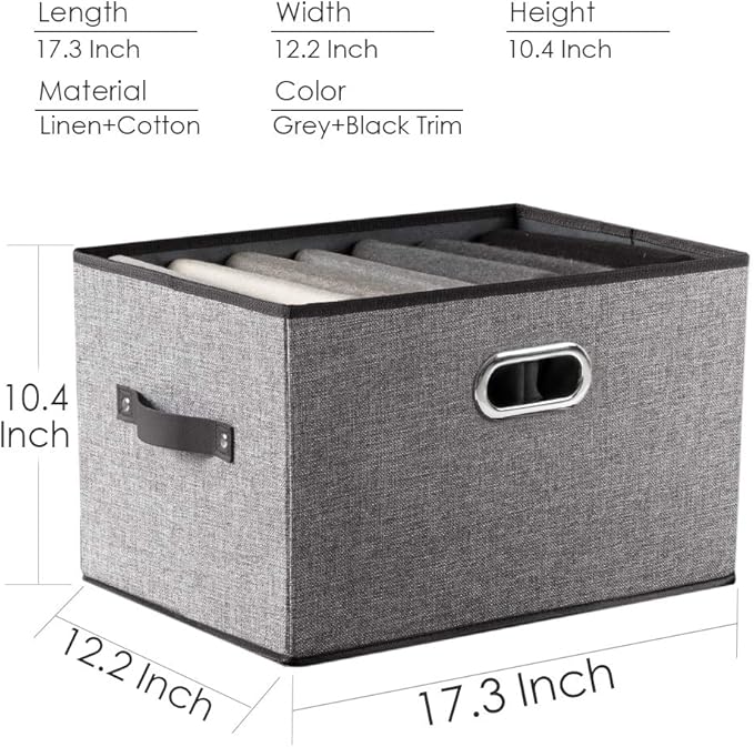 PRANDOM Larger Collapsible Storage Bins for Closet [5-pack] Decorative Linen Fabric Storage Baskets Cubes with Leather/Metal 