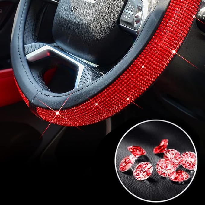 ChuLian New Diamond Leather Steering Wheel Cover with Bling Bling Crystal Rhinestones, Universal Fit 15 Inch Car Wheel Protec