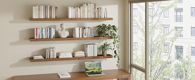 ROGMARS 60Inches Long Walnut Floating Shelves,Rustic Solid Wood Farmhouse Wall Shelves with Invisible Brackets for Bathroom, 