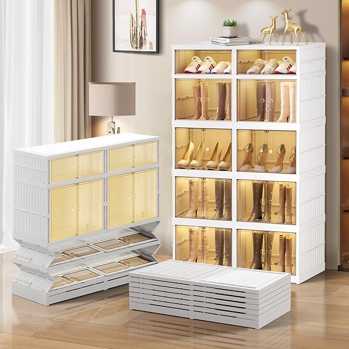 CIMLORD 5-Tier Foldable Shoe Rack Organizer for Closet 20Pairs Plastic Collapsible Shoes Storage Box Clear Shoe Boxes Stackab