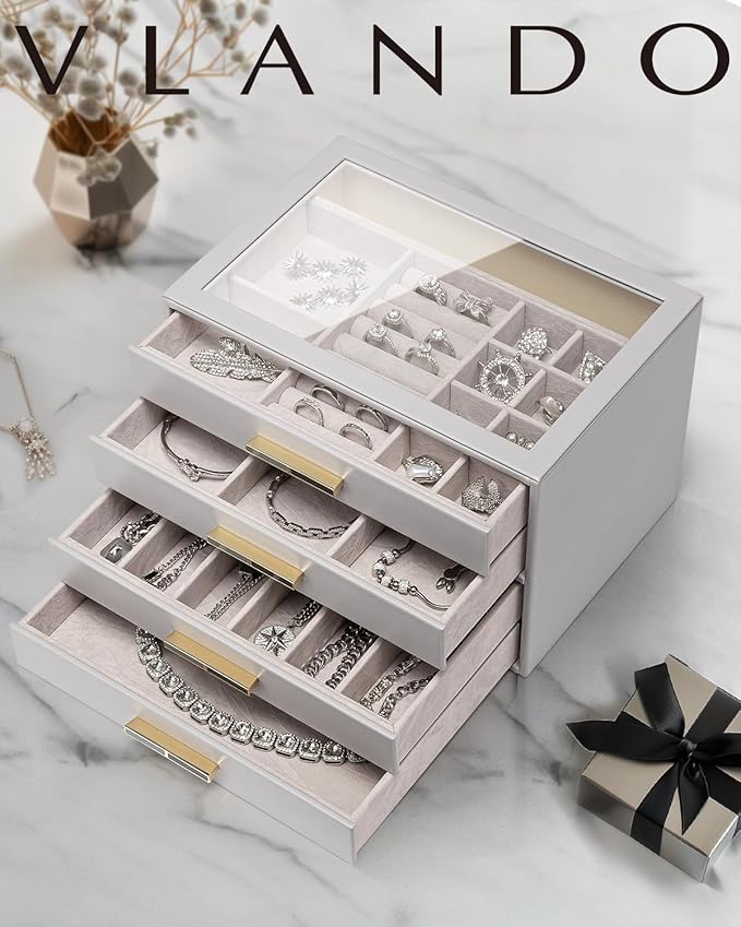 Vlando 4 Layer Jewelry Box for Women, Glass Lid Jewelry Organizer with 4 Drawers for Necklaces Rings Earrings Bracelets - Gre
