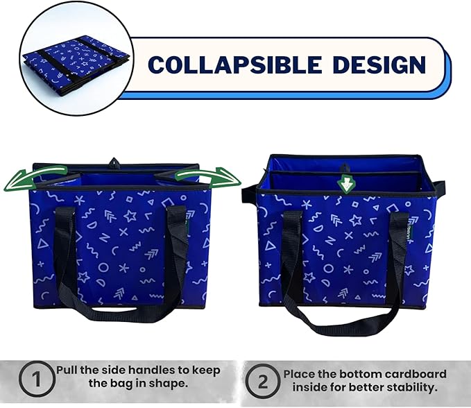 Reusable Grocery Bags (3 Pack) - Heavy Duty Foldable Tote Bags with Long Handles & Hard Bottom - Large Reusable Shopping Bags, Box-Shaped Grocery Totes Hold Up to 65 lbs, Stand Up & Fold Flat