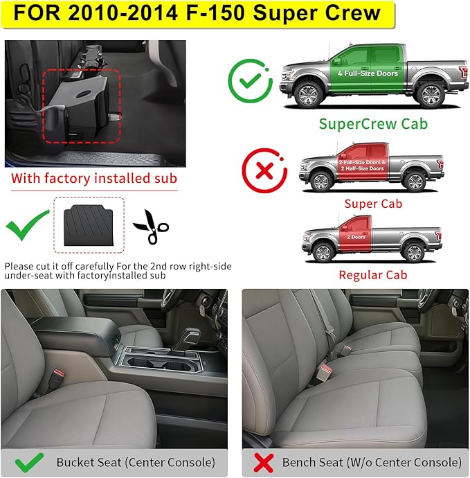 Floor Mats for Ford F-150 SuperCrew/Crew Cab 2010-2014, All-Weather Custom Fit, Front & 2nd Row, 3-Piece Set, Black