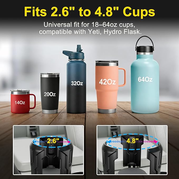 Cup Holder Expander (Adjustable Holder & Base, Auto-Fit Hold, One Button Open), Car Cup Holder Expander for Yeti, Hydro Flask