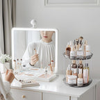 Delamu 2 Tier Rotating Makeup Organizer for Vanity, Skincare Organizer for Bathroom Counter, Spinning Perfume Organizer Cosme