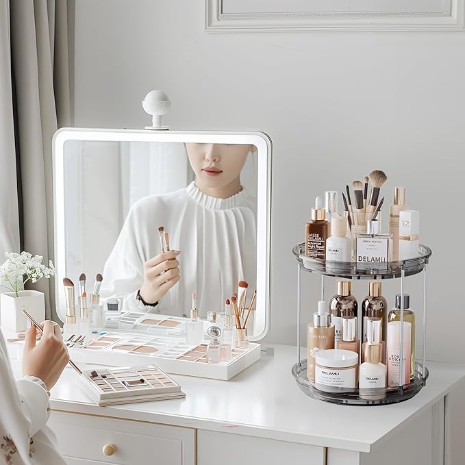 Delamu 2 Tier Rotating Makeup Organizer for Vanity, Skincare Organizer for Bathroom Counter, Spinning Perfume Organizer Cosme