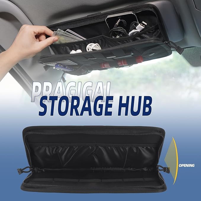 Molle Car Sun Visor Organizer, Car Accessories with Zipper Visor Storage Pouch & Glasses Clip, Molle Panel for Tactical Gears, Fits Most Vehicles, SUVs, Trucks(Black)