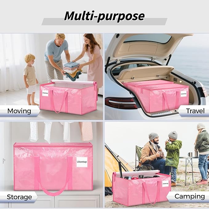 16 Pack Extra Large Heavy Duty Moving Bags, Pink Storage Bins with Lids, Reinforced Handles & Heavy-Duty Zippers Moving Boxes