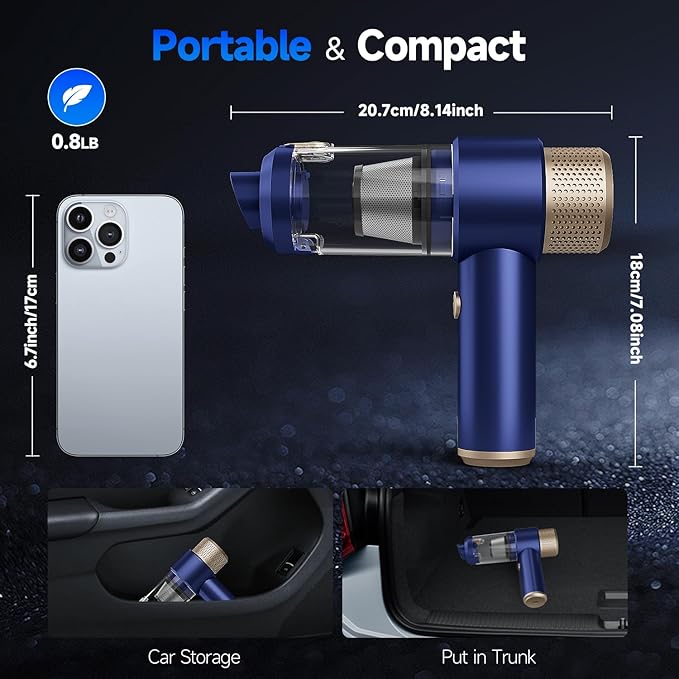 Car Vacuum Cleaner, 16000PA Mini Car Vacuum Cordless Powerful, 7 in 1 Portable Handheld Vacuum Cordless with LED Light, Dual 