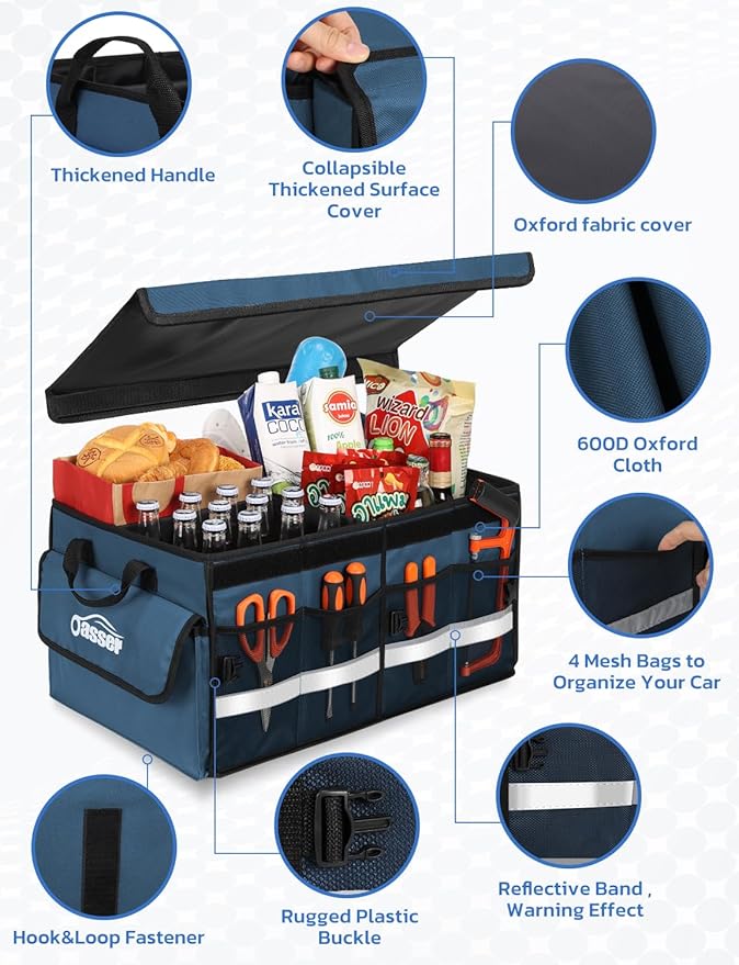 Oasser Car Trunk Organizer Collapsible Multi Compartments Trunk Organizer for SUV with Foldable Cover Reflective Strip