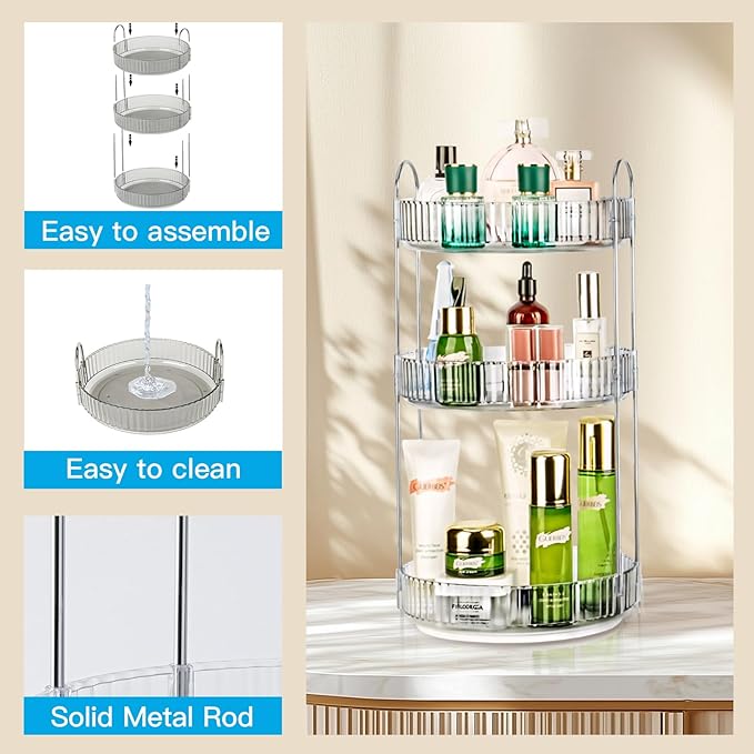 360 Rotating Makeup Organizer, 3 Tier Large Capacity Lazy Susan Bathroom Counter Organizer, Skincare Organizers, Spinning Per