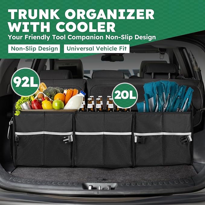 112L Large Capacity Car Trunk Organizer with 20L Insulated Fresh-Keeping Bag, Heavy-Duty 600D Waterproof Oxford Collapsible