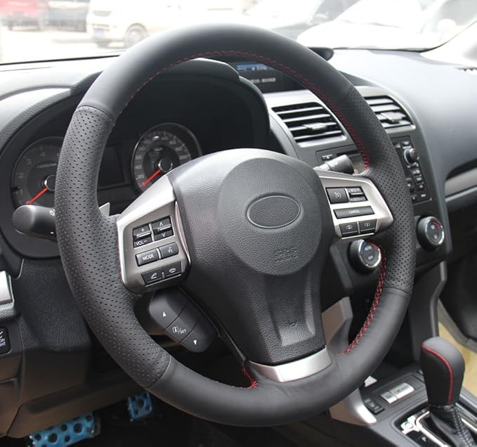Eiseng DIY Steering Wheel Cover for Subaru Impreza 2013 2014 2015 2016 / Forester 2014-2016 / Outback Legacy 2012-2014 / XV Crosstrek 2013-2015 Interior Accessories Black Genuine Leather (Red Thread)
