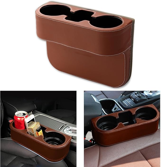 Car Cup Holder, Auto Front Seat Gap Interior Drink Organizer, Multifunctional Cup Drink Holders with PU Leather Cover, Gap Filler Storage Box Coin Bucket Console Side Pocket Key Wallet Holder (Brown)